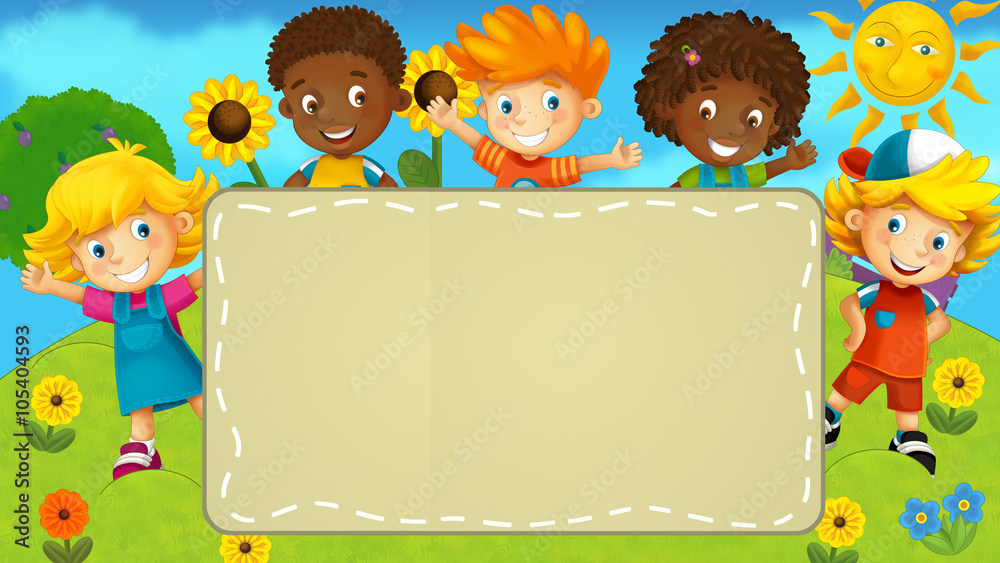 Fototapeta premium Nature scene with a kid - frame - illustration for children