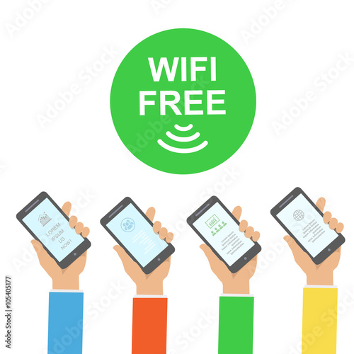 Hand holding smartphone with free wifi wireless connection  Infographics  vector illustration