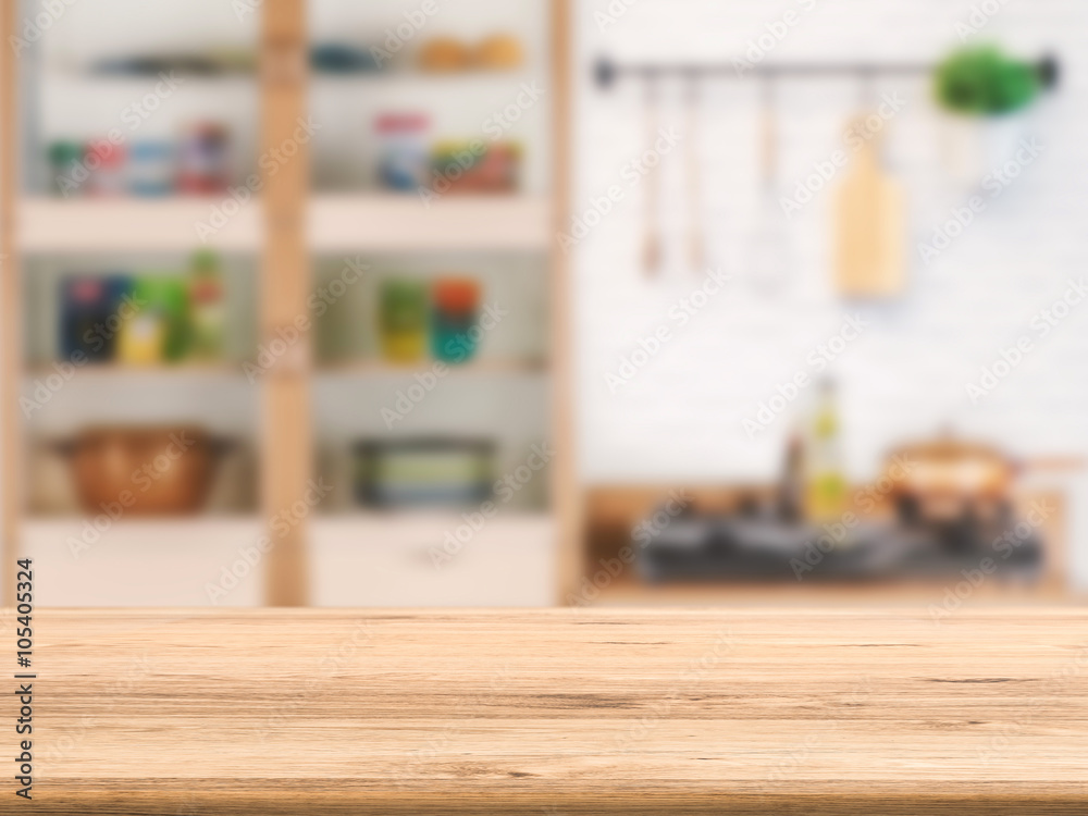 wooden counter top with kitchen cabinet background