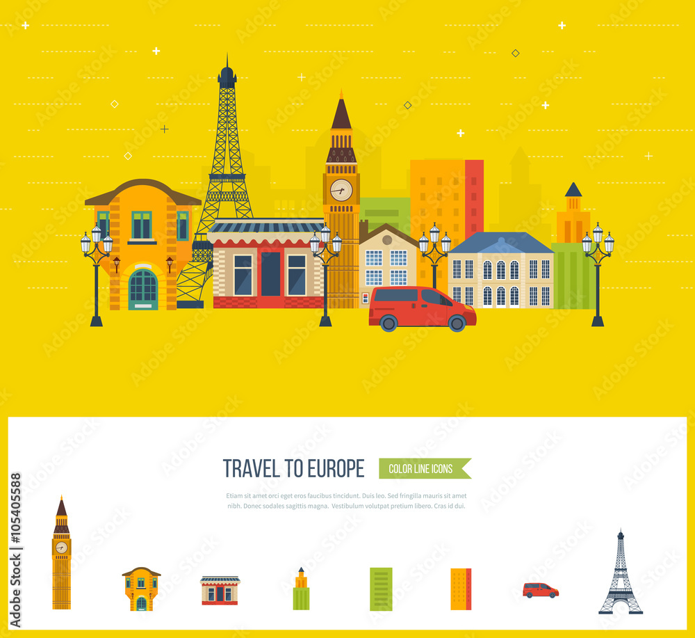 London, United Kingdom and France flat icons design travel concept. 