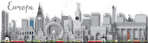 Europe skyline silhouette with different landmarks.