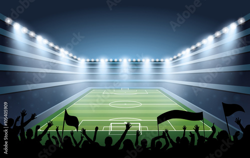 Excited crowd of people at a soccer stadium.
