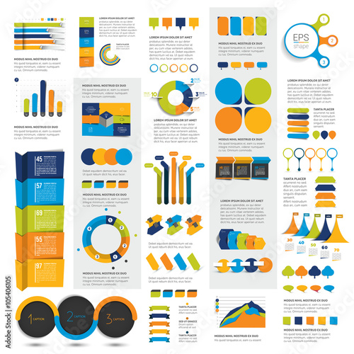Mega set of infographics elements charts, graphs, circle charts, diagrams, speech bubbles. Flat and 3D design. Vector.