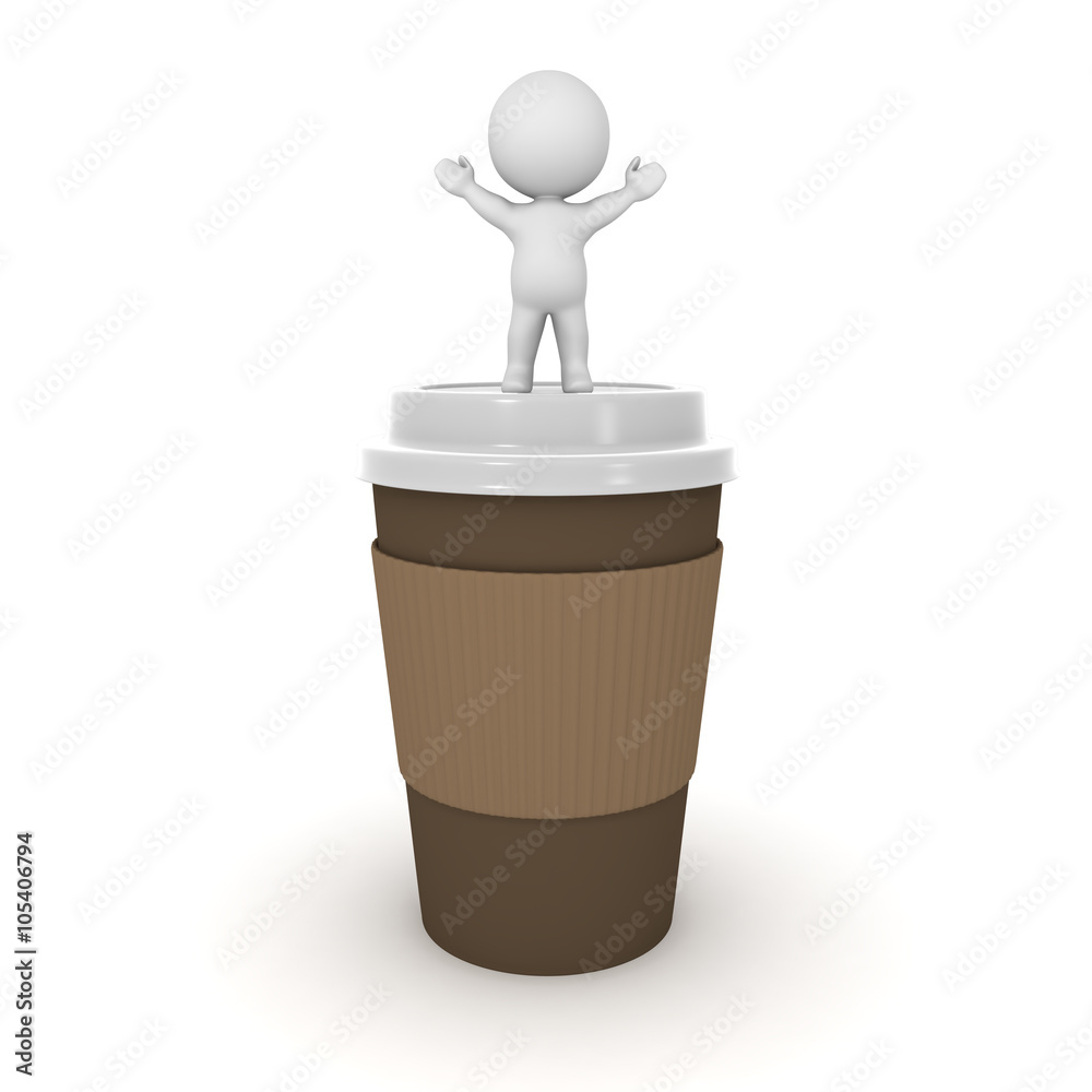 3D Character Standing with Arms Raised On Large Coffee Cup 3D Character Standing with Arms Raised On Large Coffee Cup