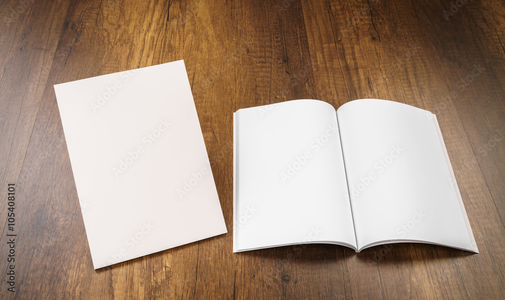 Blank catalog, magazines,book mock up on wood background Blank catalog, magazines,book mock up on wood background