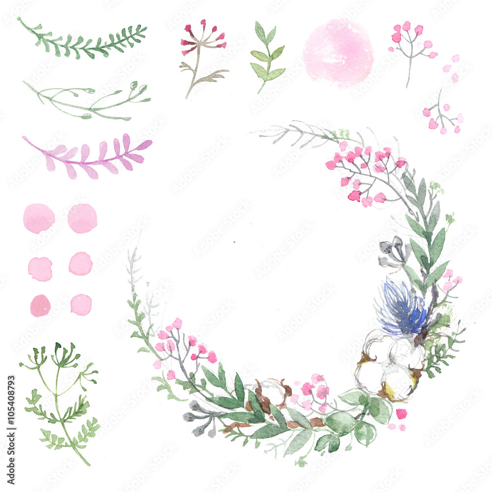 Set of flowers painted in watercolor on white paper. Sketch of flowers and herbs. Wreath, garland of flowers