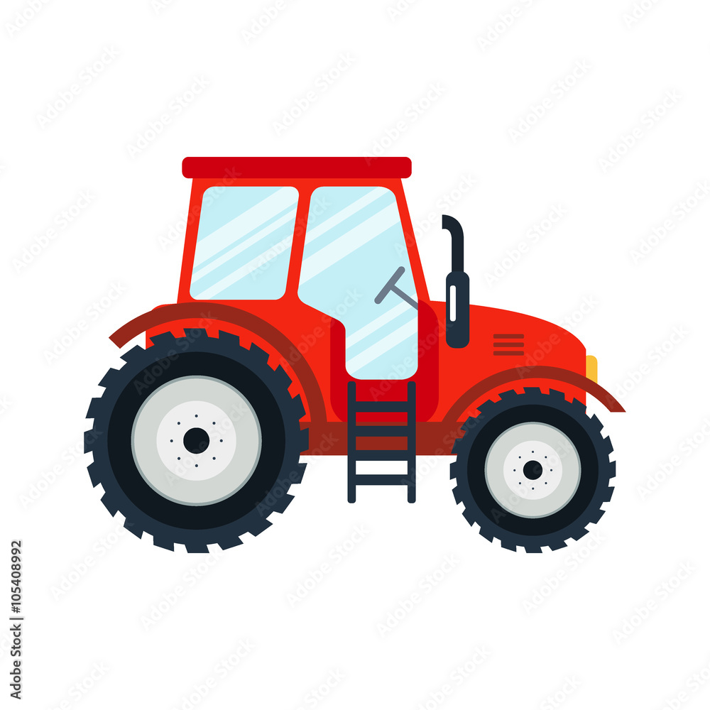 Fototapeta premium Flat tractor on white background. Red tractor icon - vector illustration. Agricultural tractor - transport for farm in flat style.