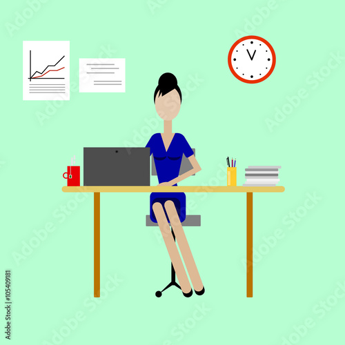 Workday in the office. Workplace with desk, computer, documentation. Business woman working laptop in the office. Flat woman job. Young girl sitting on chair and working.