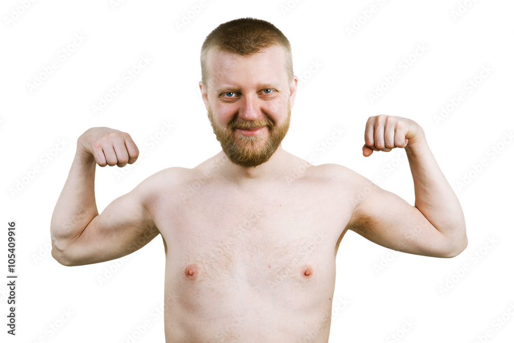 Funny bearded man shows his biceps Funny bearded man shows his biceps