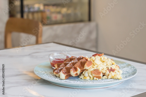 Waffle  egg and bacon for breakfast