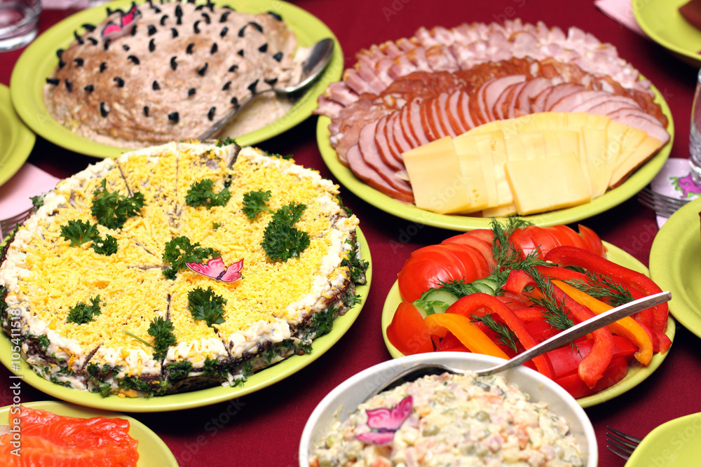 All kinds of delicious food on the holiday table closeup All kinds of delicious food on the holiday table closeup