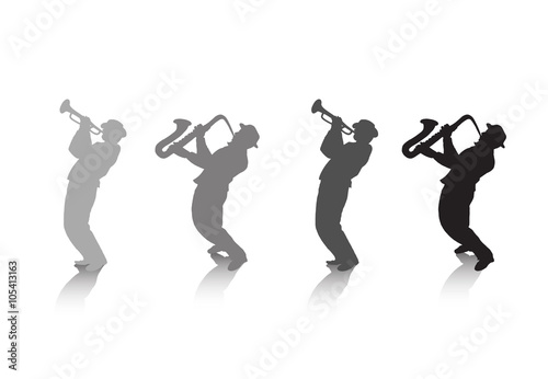 Saxophone player and trumpeter silhouettes isolated on white background. Jazz Dance Music festival brochure cover design elements happy people carnival illustration, gradient hand drawing.