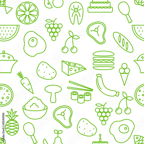 Thin line icons seamless pattern. Food, vegetables and fruits icon white and green background for websites, apps, presentations, cards, templates or blogs.