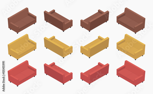 Set of the isometric modern colored sofas. The objects are isolated against the white background and shown from different sides