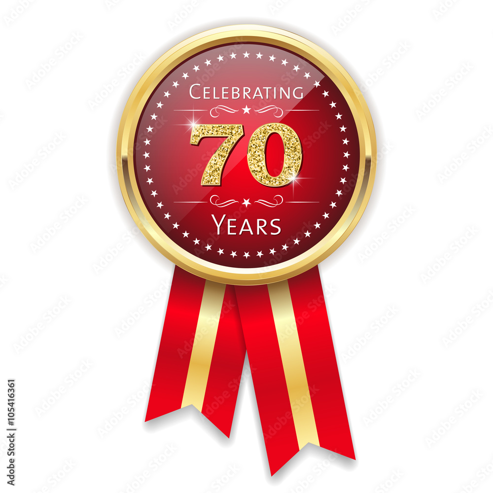 70th Red Lettering Red celebrating 70 years badge, rosette with gold border and ribbon ...