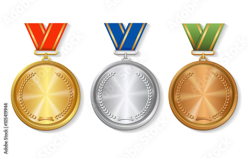 Set of gold, silver and bronze Award medals on white 
