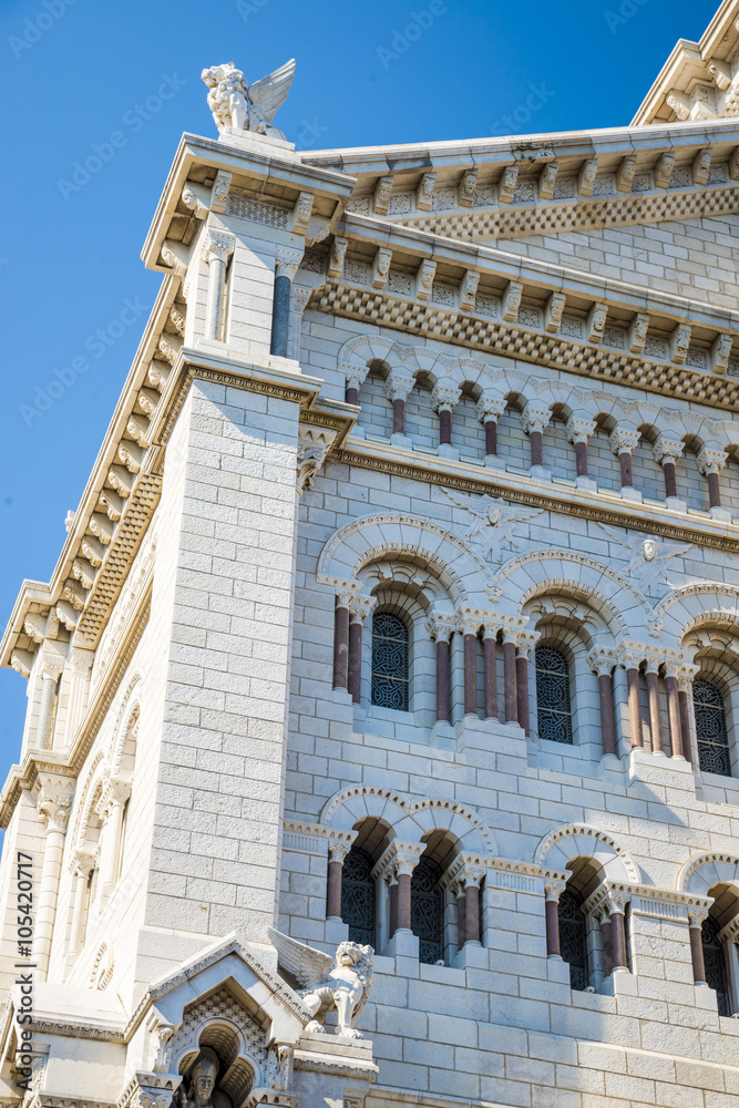 Exterior of the Monaco Cathedral (Cathedrale de Monaco) in Monaco-Ville, Monaco. It's famous for the tombs of Princess Grace and Prince Rainier.