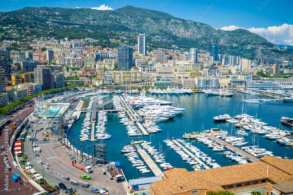 
Monaco Montecarlo principality aerial view cityscape. Skyscrapers, mountains and marina. Azure coast. France, Europe.