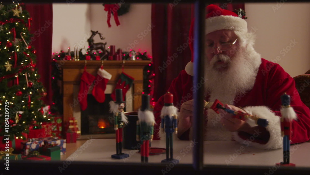 Santa Claus painting toys in workshop