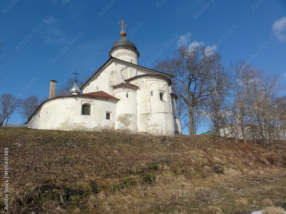 Church of St. Clement, Russia, Pskov city. The temple was built with limestone and lime mortar, plastered and whitewashed. Historical and cultural monument of the XV century