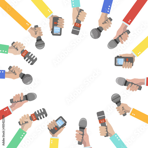 Set of hands holding microphones and voice recorders. 