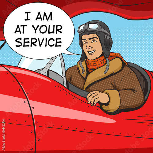 Retro pilot in vintage plane pop art style vector