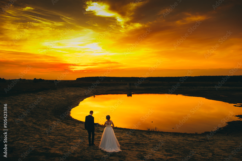 wedding couple on the background of sunset