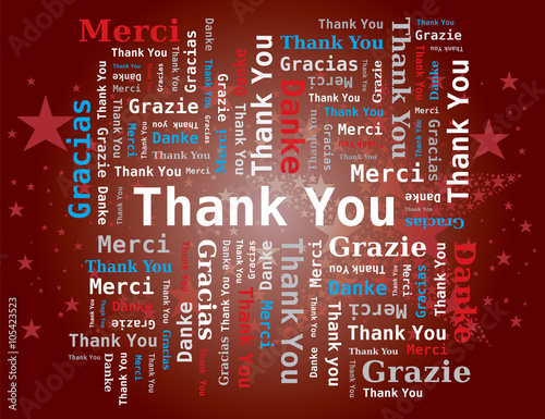 Merci - Thank you - Danke - Grazie - Gracias / Nuage de Mots  5 Langues Fond Rouge Etoiles