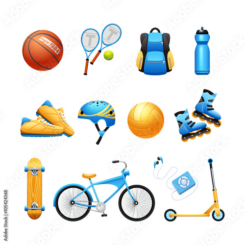 Summer Sport Equipment Flat Icons Set