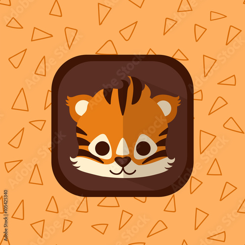 Fototapeta Naklejka Na Ścianę i Meble -  Cute little tiger vector flat icon.Baby mammal safari cat with simple seamless triangle pattern at the background. Perfect for app design, motion graphics and as a design element