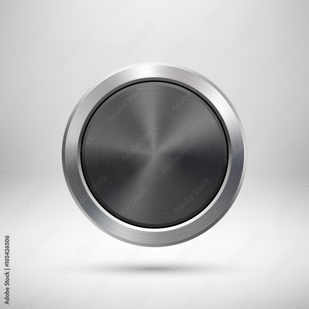 Black Abstract circle geometric badge, technology perforated button template with metal texture, chrome, silver, steel and realistic shadow for logo, design concepts, apps. Vector illustration. Black Abstract circle geometric badge, technology perforated button template with metal texture, chrome, silver, steel and realistic shadow for logo, design concepts, apps. Vector illustration.
