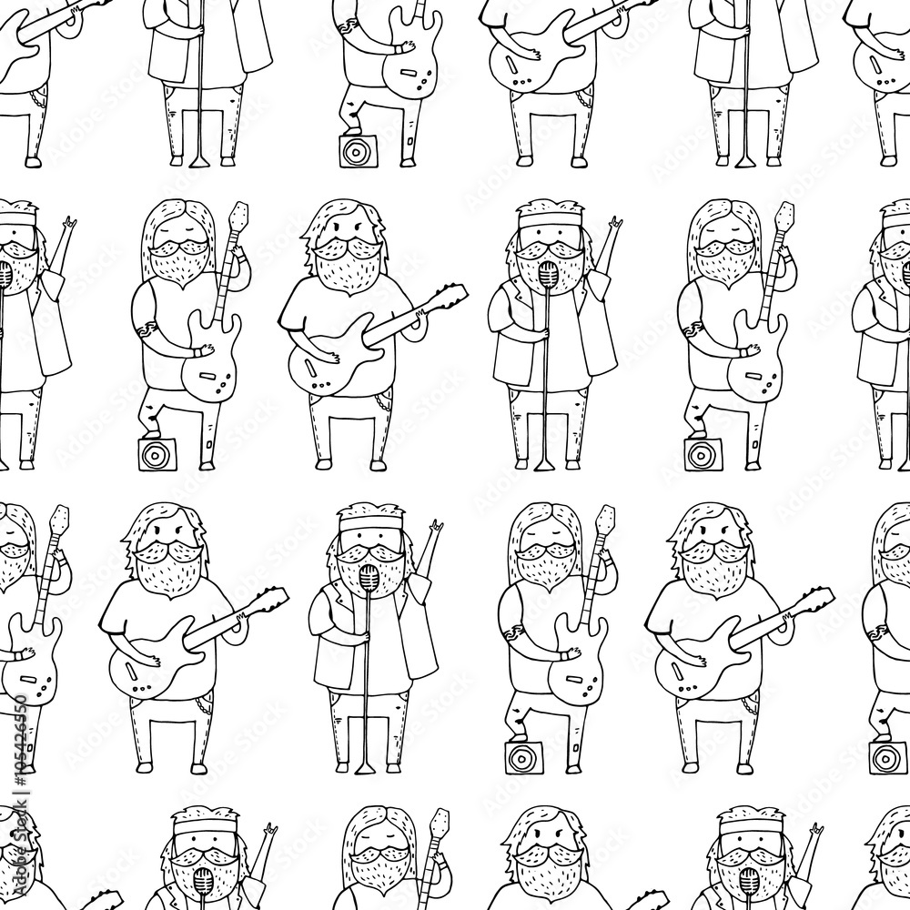Seamless pattern with cute bearded men from a rock band