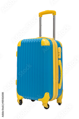 Travel blue suitcase isolated on white background 
