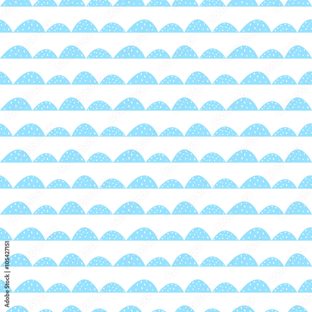 Scandinavian seamless blue pattern in hand drawn style. Stylized hill rows. Wave simple pattern for fabric, textile and baby linen.