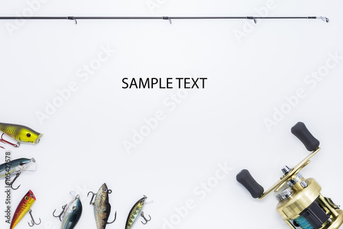 Fishing gear on  white background and space for text