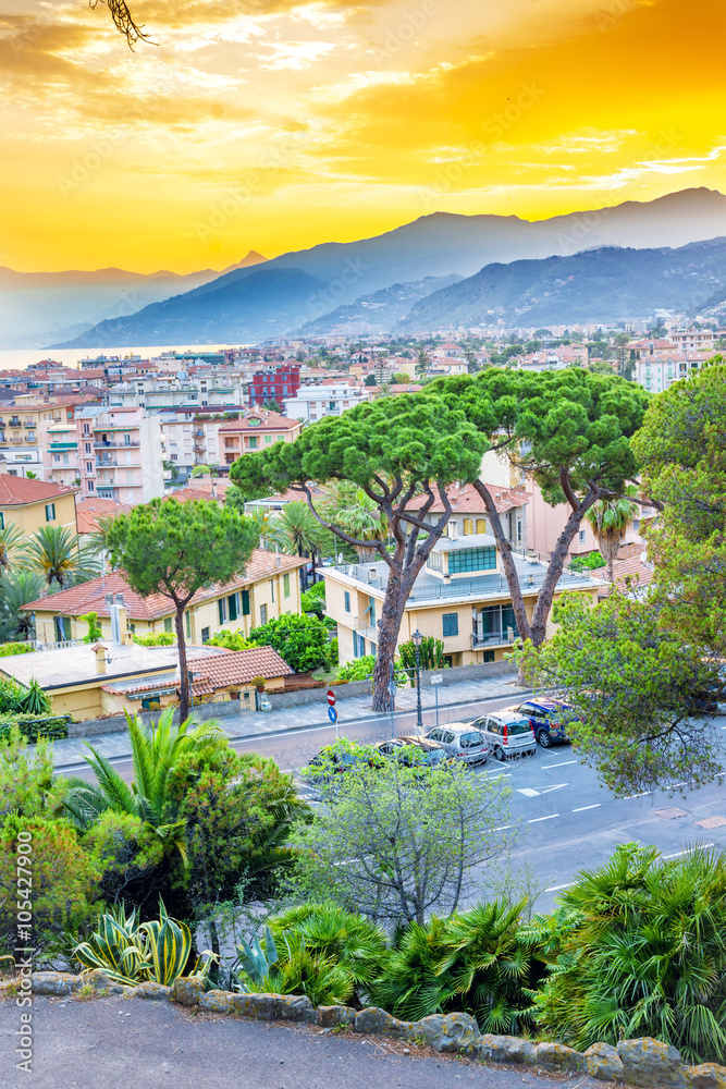 Amazing colorful sunset over the beautiful Italian city Bordighera.