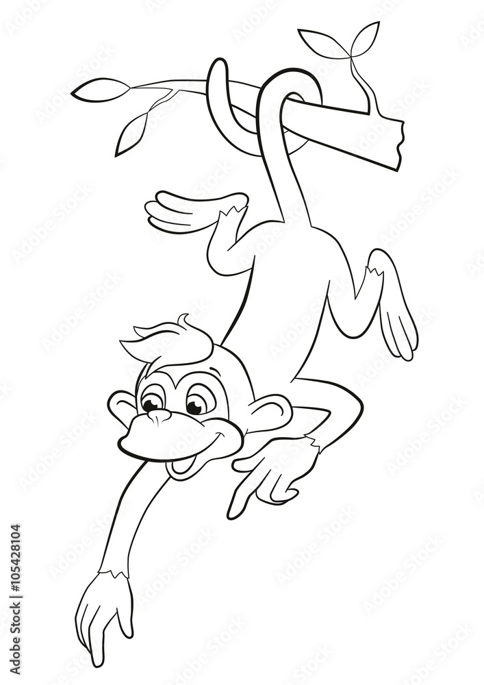 Coloring pages. Monkey in hanging on the tree branch. Coloring pages. Monkey in hanging on the tree branch.