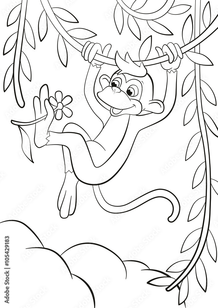 Naklejka premium Coloring page. Little cute monkey is hunging in the liana in the forest and holding flower in the paw. It is smiling.