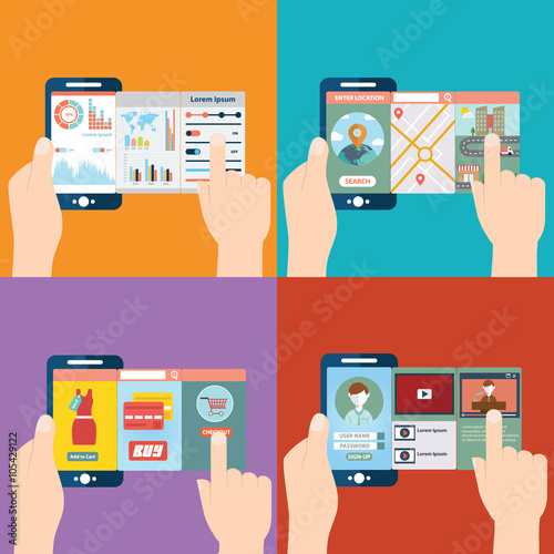 Vector illustration of mobile app for online shopping, analytic, location, map and video