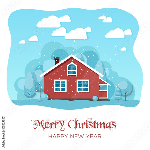 House in winter forest. Christmas card background poster. Vector illustration.