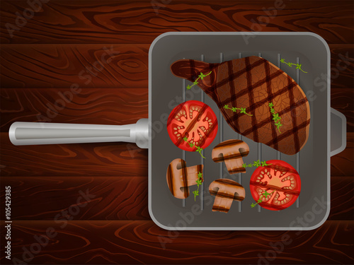 GRILLING PAN MEAT STEAKS THYME VEGETABLES WOOD 3