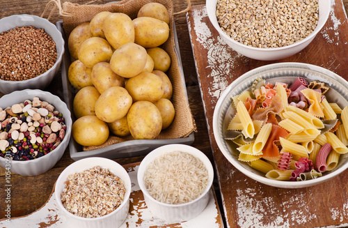 Healthy Food: Best Sources of Carbs on a wooden table. photo