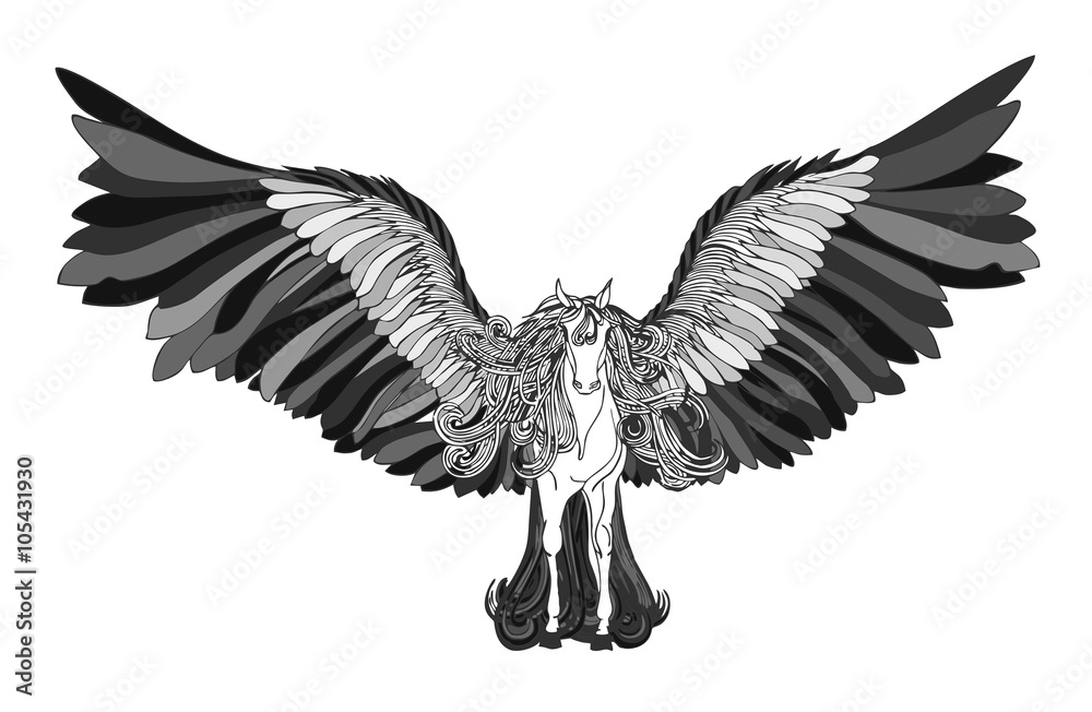 Obraz premium Beautiful Horse with mane and black wings.Pegasus.Drawning by pe