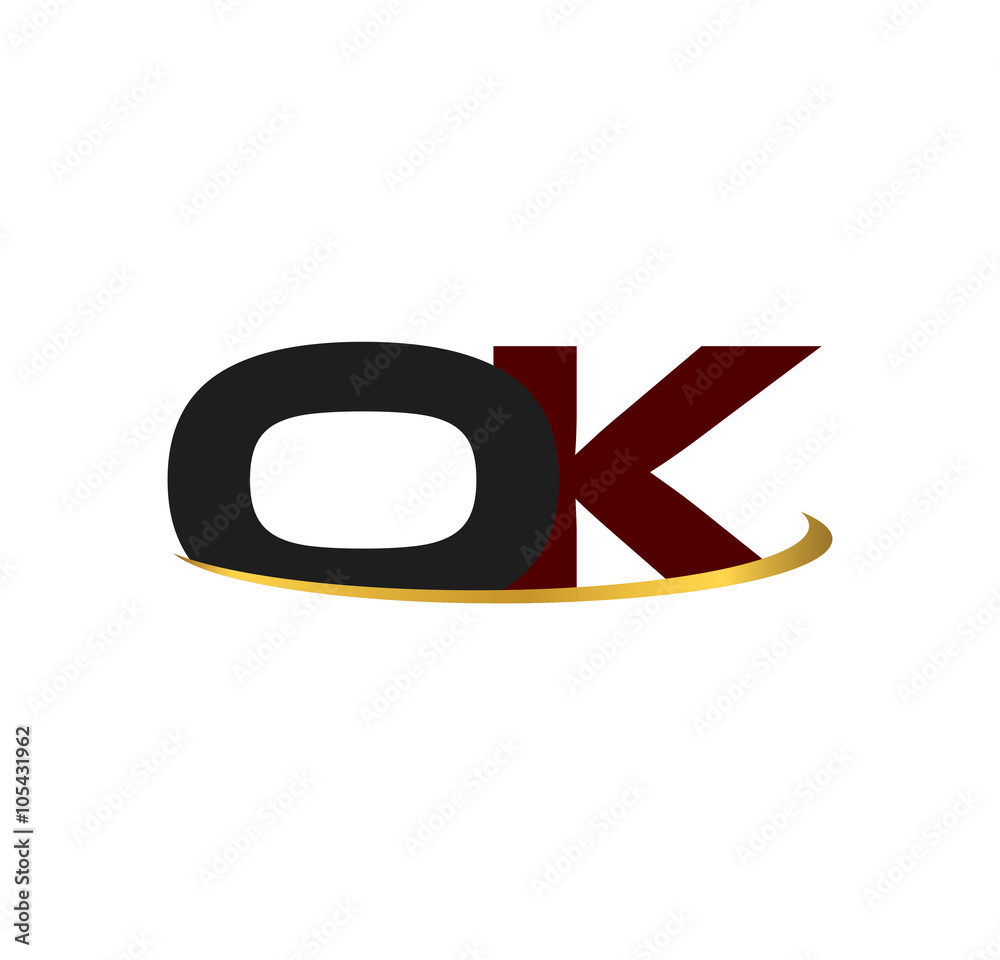 OK alphabet in grey and red with golden curve OK alphabet in grey and red with golden curve
