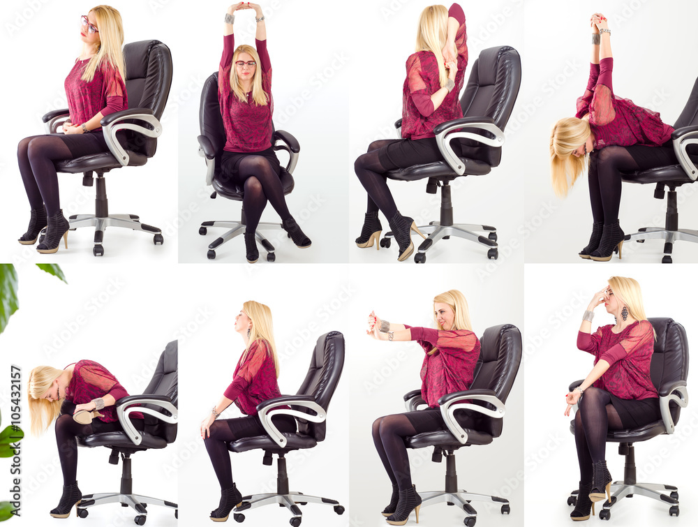 Collage young business woman doing exercises in her office chair for neck,  shoulders and back/office yoga concept Stock Photo | Adobe Stock
