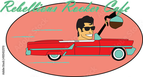 50s restaurant logo with young rocker driving fifties convertible car