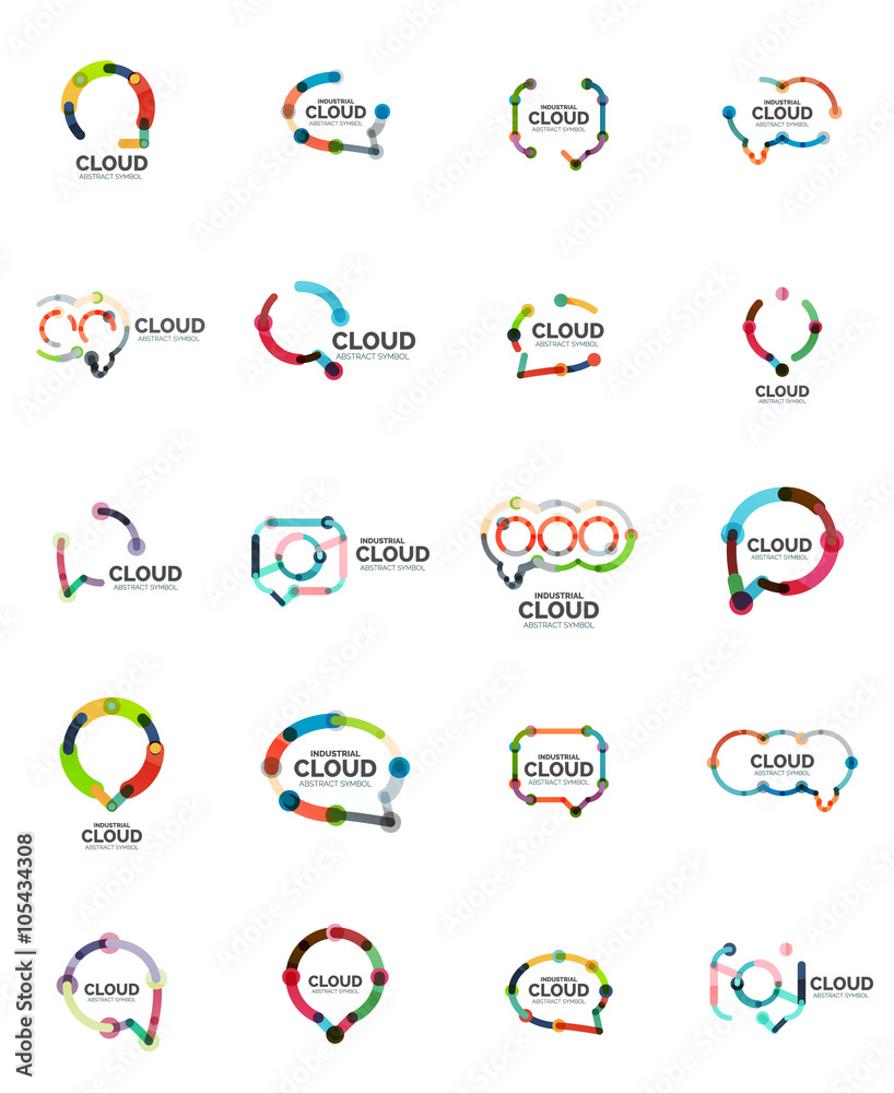 Set of flat linear design speech cloud logos. Talk bubbles, modern geometric industrial thin line icons