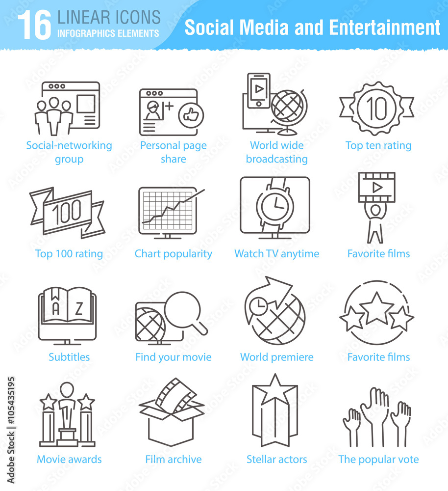 Miscellaneous social media and entertainment vector thin line ic