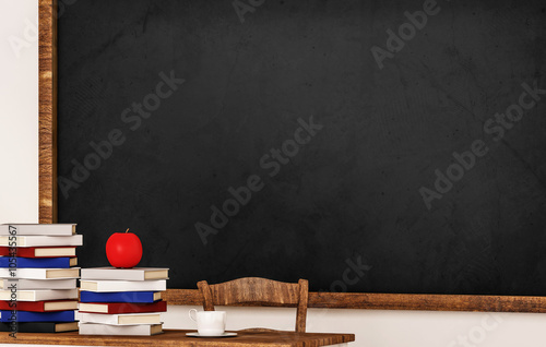 Classroom, books, apple, coffee cup, table, chair and blackboard, with copy space, 3d rendered