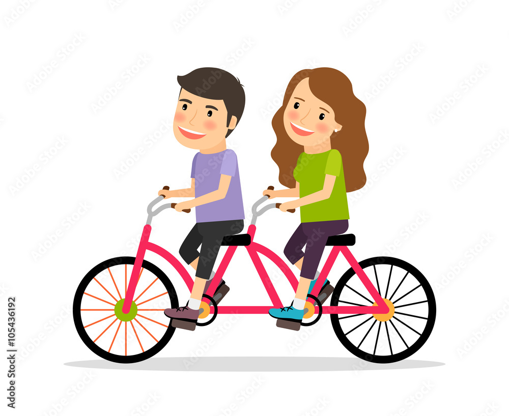 Couple riding tandem bicycle. Young people couple riding twin bike